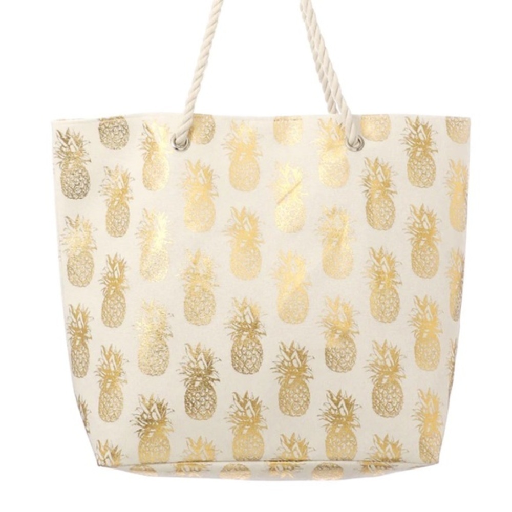 NWT Cream And Gold Foil Pineapple Tote Bag With Rope Handles - Picture 2 of 4